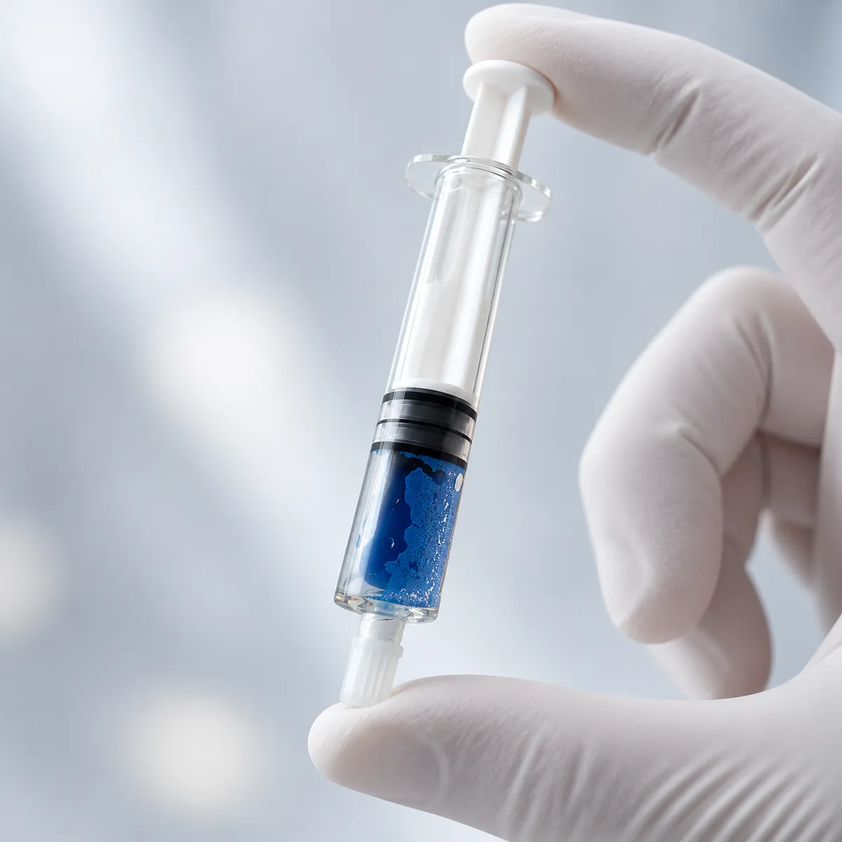 A syringe of embolic microspheres held in a gloved hand