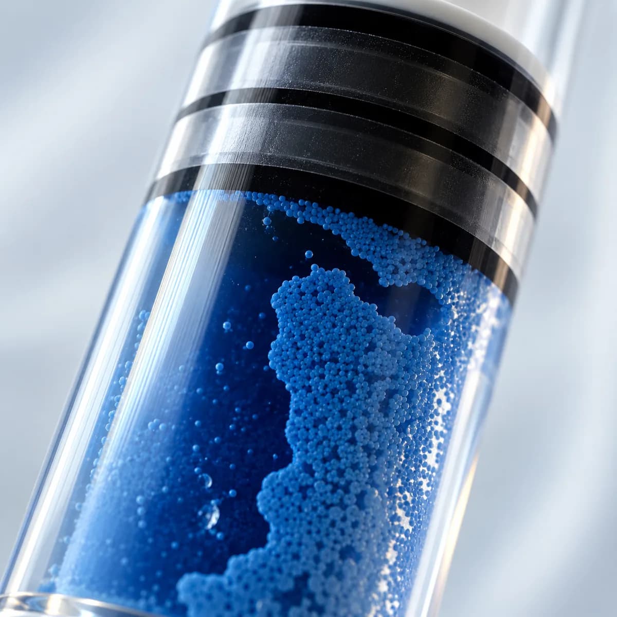 Close-up of embolic microspheres suspended in a syringe